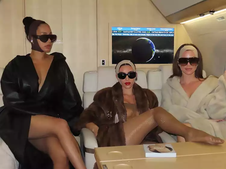 Kim Kardashian's jet-setting style with SKIMS bodystocking